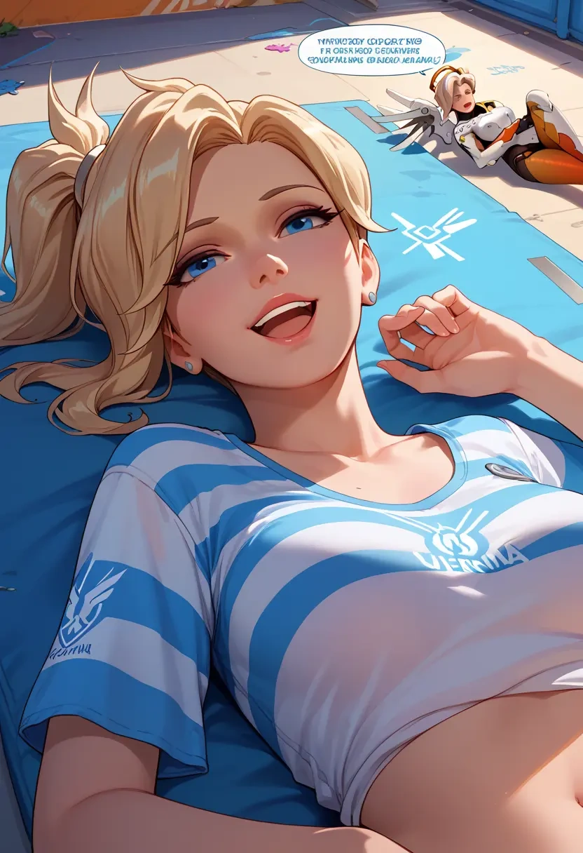 overwatch,mercy_(overwatch),striped graffiti blouse,dolphin shorts  - 