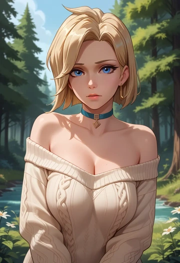 overwatch,mercy_(overwatch),orange,sweater,choker  - AI generated anime art