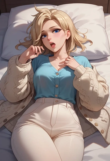 overwatch,mercy_(overwatch),cardigan,oversized,wide-leg pants  - AI generated anime art