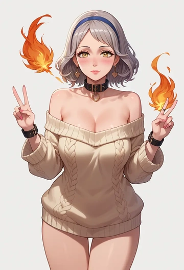 fire_emblem,micaiah_(fire_emblem),blushing,collar,peace sign,off-shoulder,sweater  - AI generated anime art