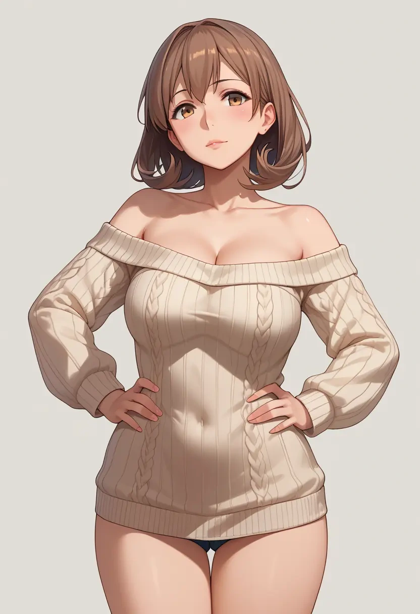 kantai_collection,michishio_(kancolle),Hands on hips,off-shoulder,sweater  - 