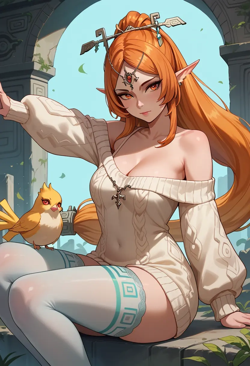 the_legend_of_zelda,midna,cross-legged,off-shoulder,sweater,stockings  - 