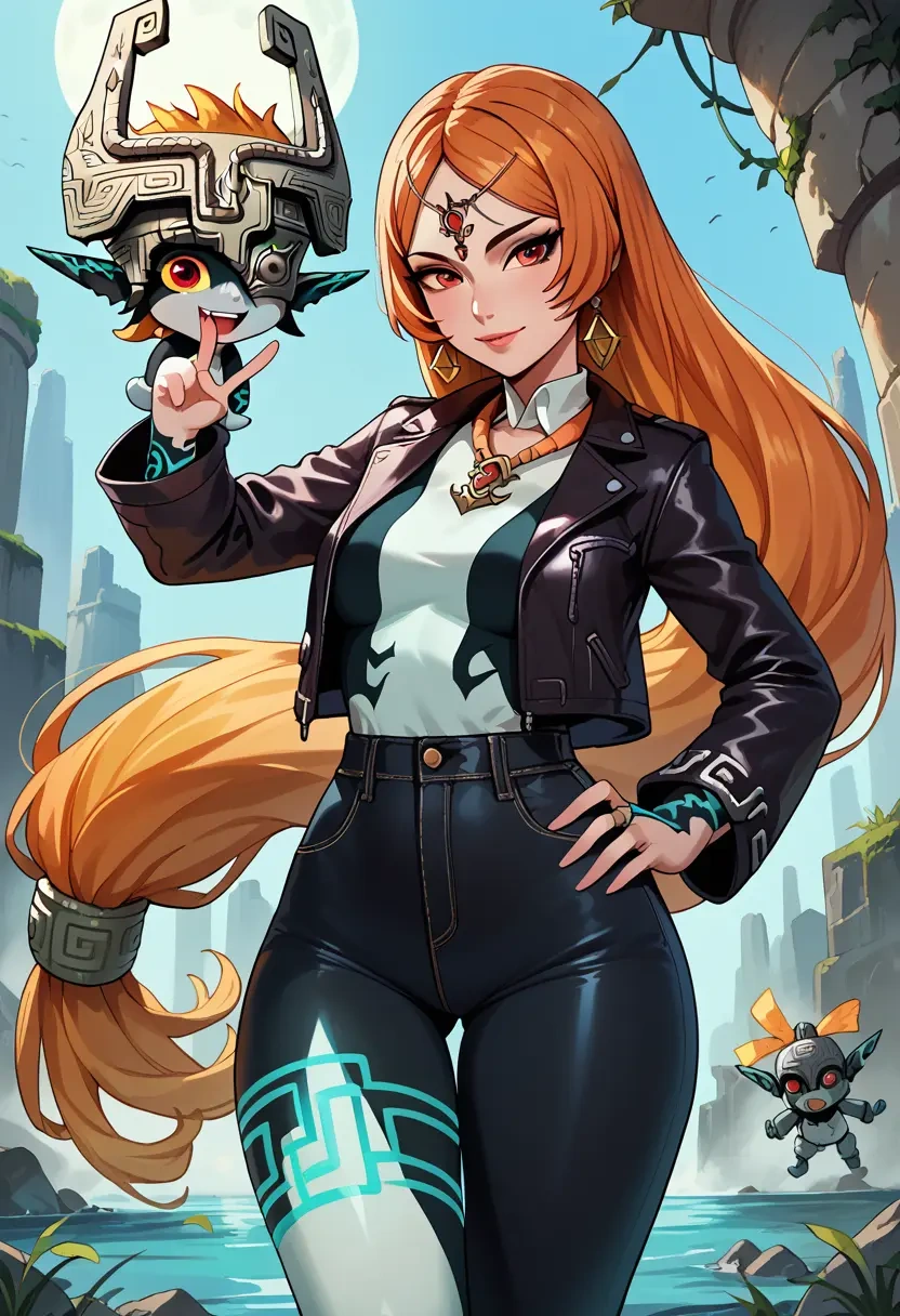 the_legend_of_zelda,midna,denim jacket,cropped,leather leggings  - 