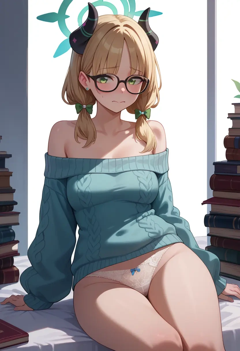 blue_archive,midori_(blue_archive),sweater,panties,off-shoulder,glasses,sexy  - 