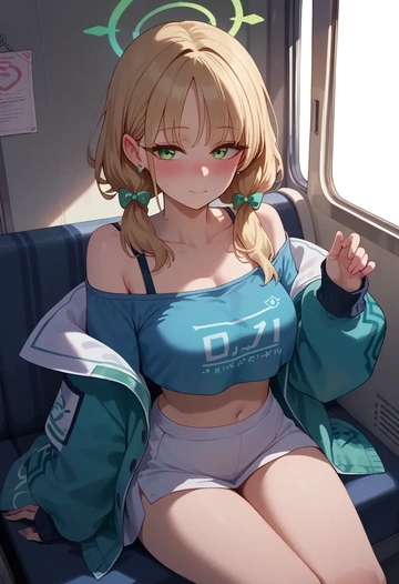 blue_archive,midori_(blue_archive),off-shoulder top,dolphin shorts  - AI generated anime art