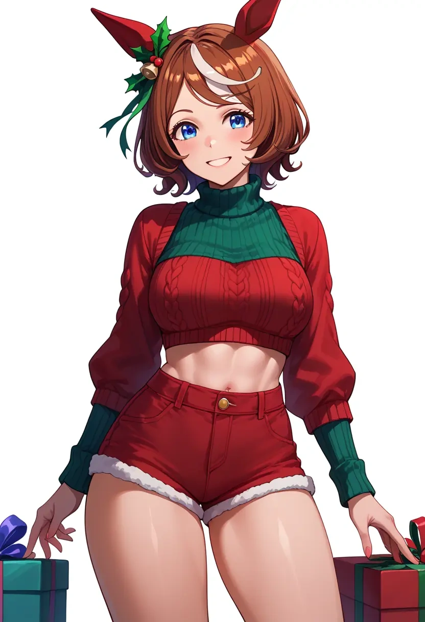 umamusume,mihono_bourbon_(umamusume),Christmas,red velvet shorts,turtleneck sweater  - 