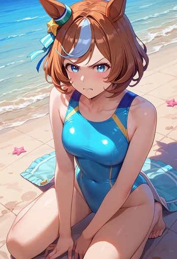 umamusume,mihono_bourbon_(umamusume),racerback swimsuit,striped trim,name tag patch  - AI generated anime art