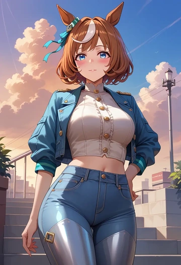 umamusume,mihono_bourbon_(umamusume),denim jacket,cropped,leather leggings  - AI generated anime art