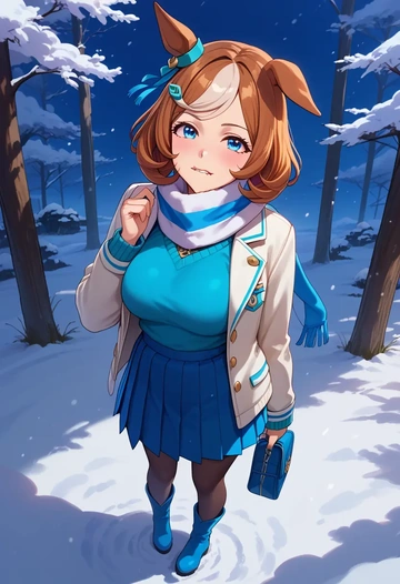 umamusume,mihono_bourbon_(umamusume),winter,student uniform,puffer jacket  - AI generated anime art