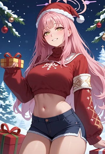 blue_archive,mika_(blue_archive),Christmas,red velvet shorts,turtleneck sweater  - AI generated anime art