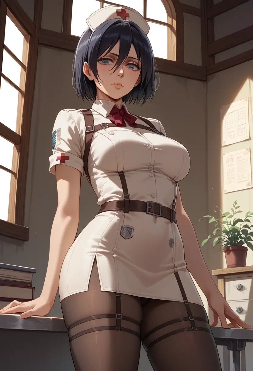 shingeki_no_kyojin,mikasa_ackerman,nurse, pantyhose,mini skirt  - 