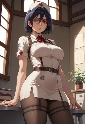 shingeki_no_kyojin,mikasa_ackerman,nurse, pantyhose,mini skirt  - AI generated anime art