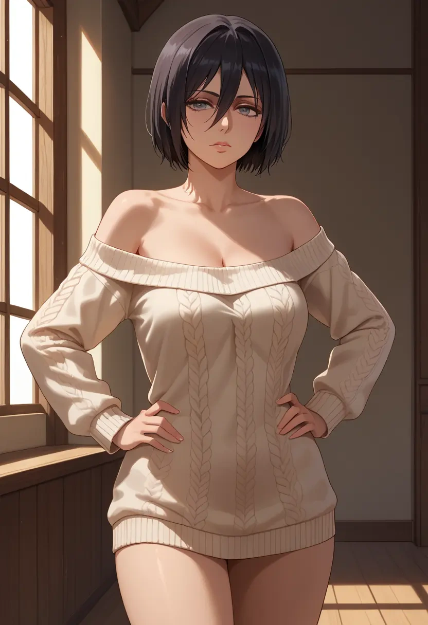 shingeki_no_kyojin,mikasa_ackerman,Hands on hips,off-shoulder,sweater  - 