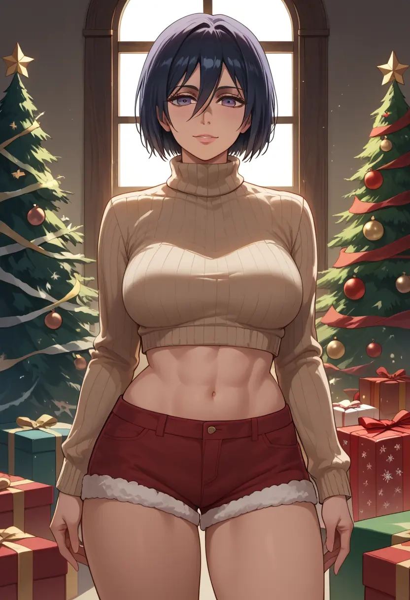 shingeki_no_kyojin,mikasa_ackerman,Christmas,red velvet shorts,turtleneck sweater  - 