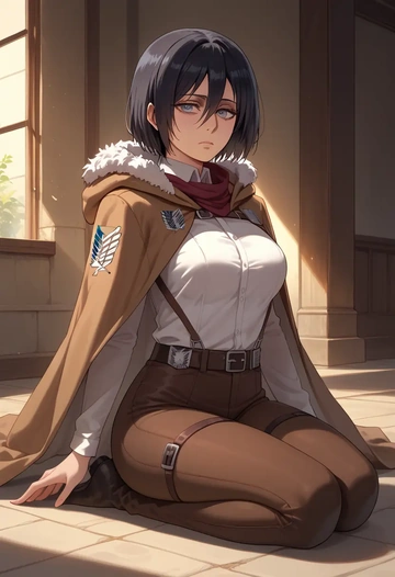 shingeki_no_kyojin,mikasa_ackerman,cape,hooded,leather pants  - AI generated anime art