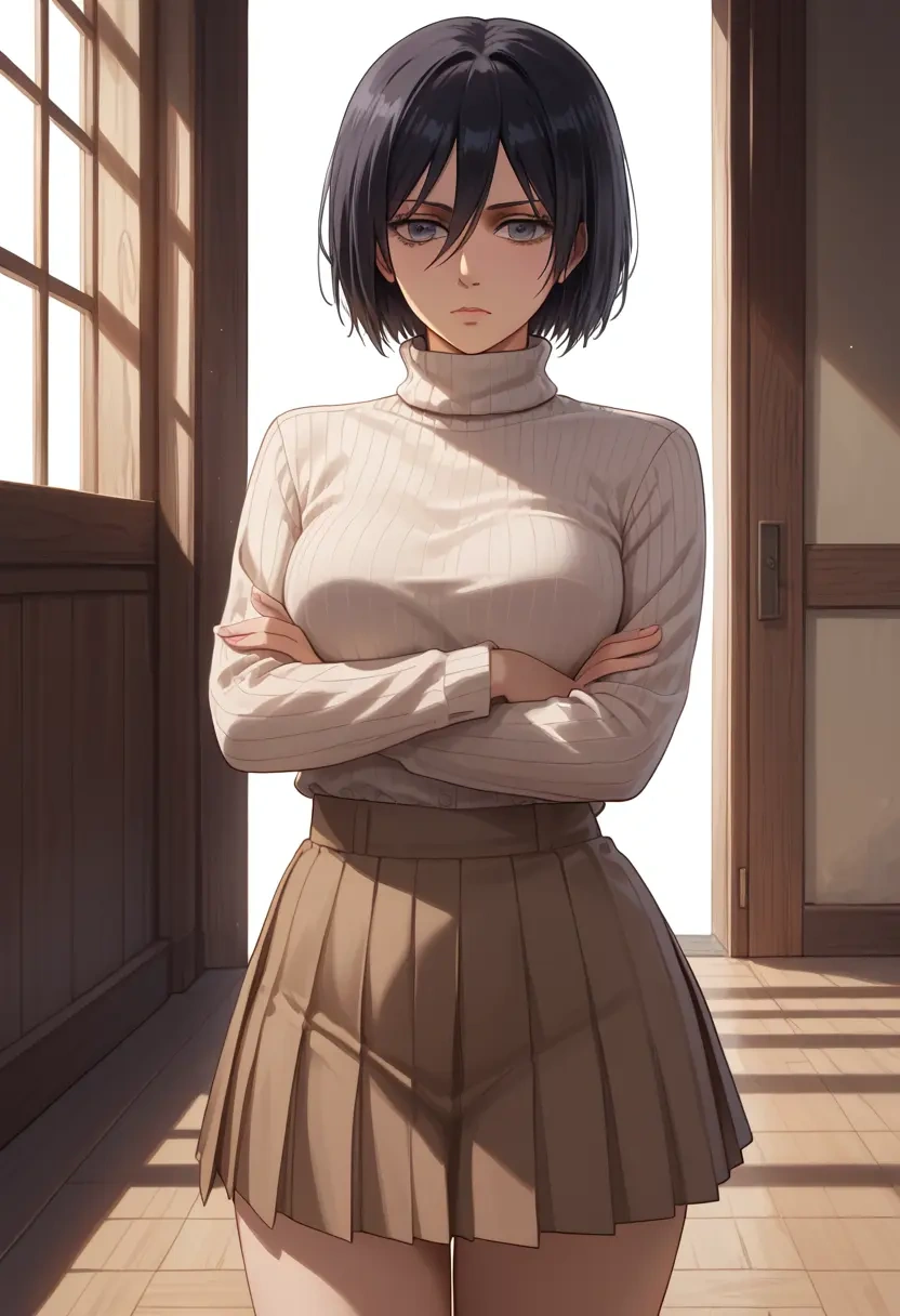 shingeki_no_kyojin,mikasa_ackerman,skirt,pleated,turtleneck sweater  - 