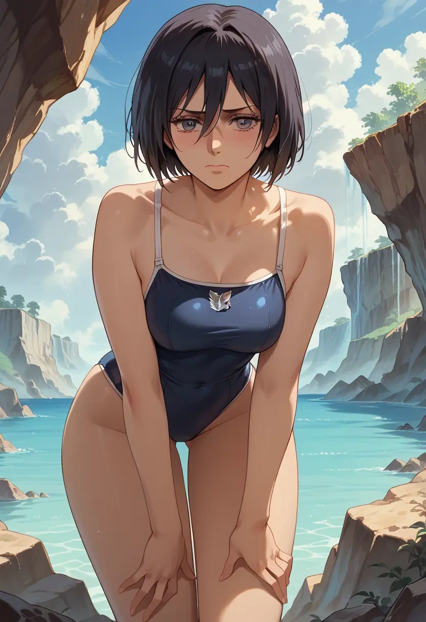 shingeki_no_kyojin,mikasa_ackerman,retro style swimsuit,frilled neckline,bow detail  - 