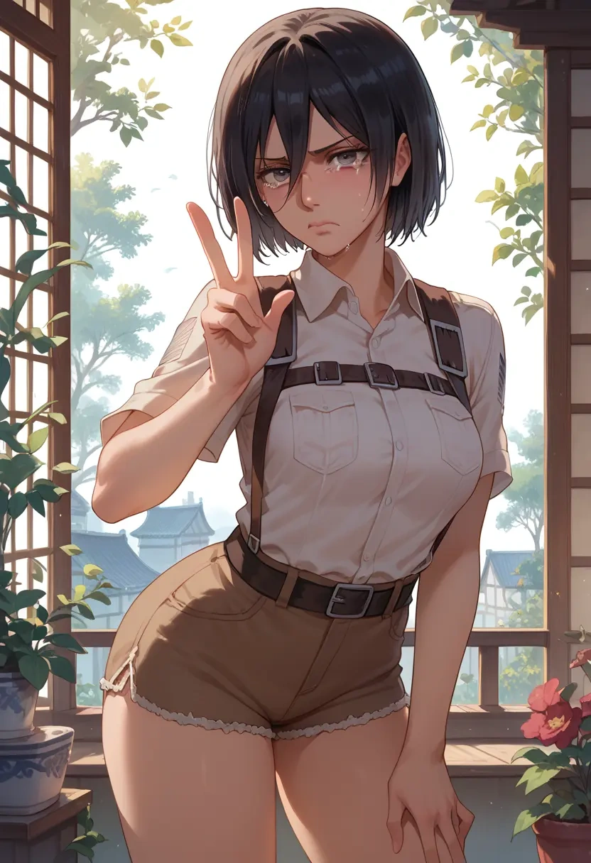 shingeki_no_kyojin,mikasa_ackerman,jogger shorts,oversized tank  - 