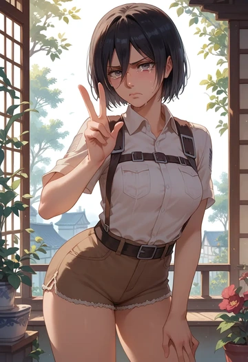 shingeki_no_kyojin,mikasa_ackerman,jogger shorts,oversized tank  - AI generated anime art