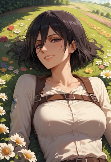 shingeki_no_kyojin,mikasa_ackerman,floral graffiti blouse,dolphin shorts  - AI generated anime art