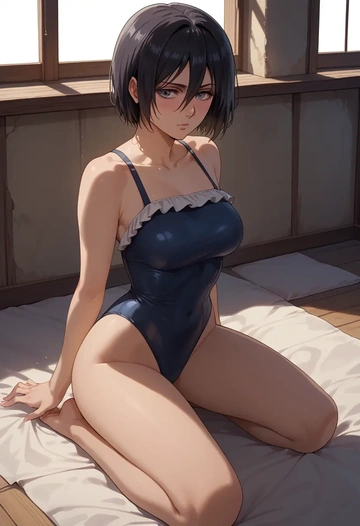 shingeki_no_kyojin,mikasa_ackerman,retro style swimsuit,frilled neckline,bow detail  - AI generated anime art