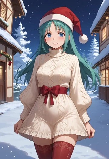 mahou_shoujo_madoka_magica,miki_sayaka,Christmas,sweater dress,stockings  - AI generated anime art