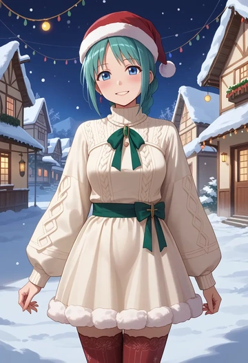 mahou_shoujo_madoka_magica,miki_sayaka,Christmas,sweater dress,stockings  - AI generated anime art