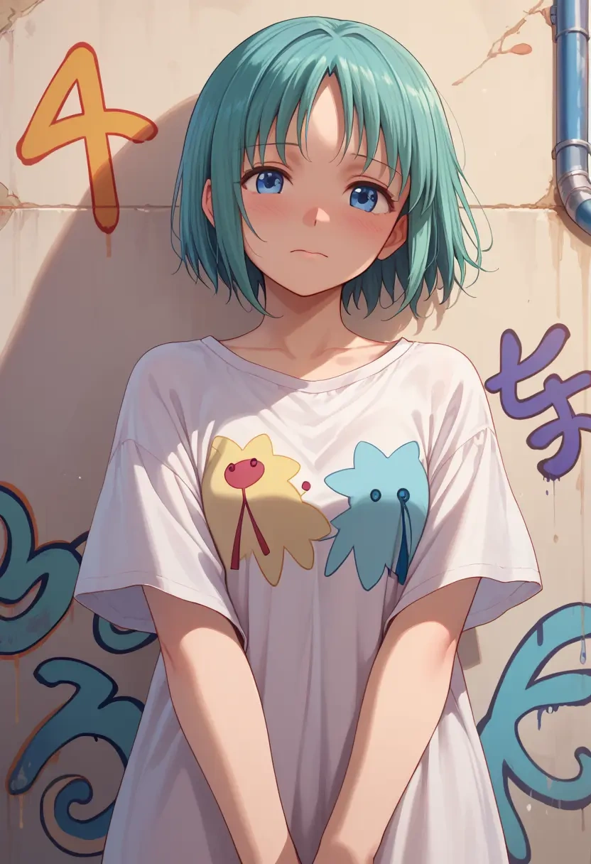 mahou_shoujo_madoka_magica,miki_sayaka,oversized graffiti shirt,dolphin shorts  - 