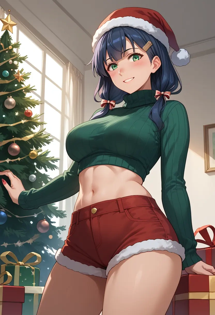 kantai_collection,mikuma_(kancolle),Christmas,red velvet shorts,turtleneck sweater  - 