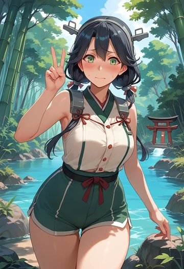 kantai_collection,mikuma_(kancolle),sleeveless swim top,shorts-style bottom,contrast stitching  - AI generated anime art