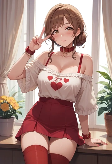 idolmaster,mimura_kanako,blushing,collar,Thigh garters  - AI generated anime art