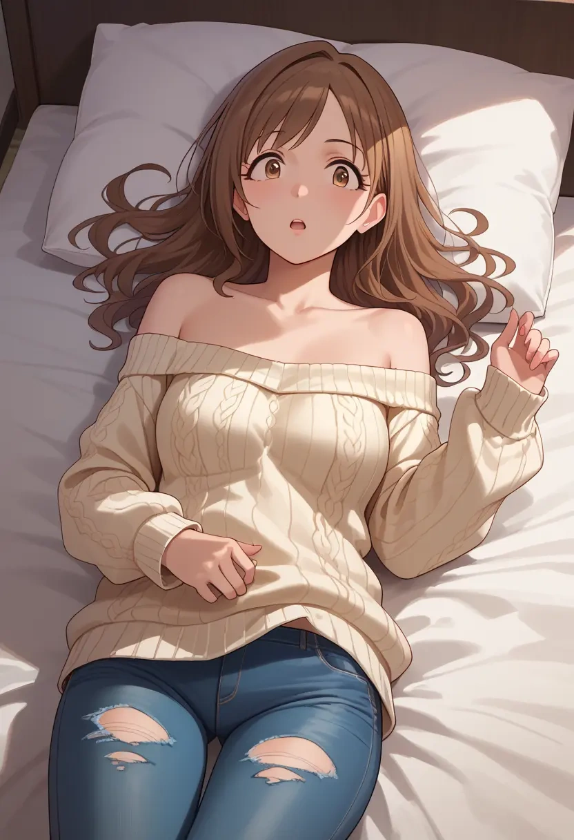 idolmaster,mimura_kanako,sweater,off-shoulder,ripped jeans  - 