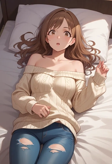 idolmaster,mimura_kanako,sweater,off-shoulder,ripped jeans  - AI generated anime art