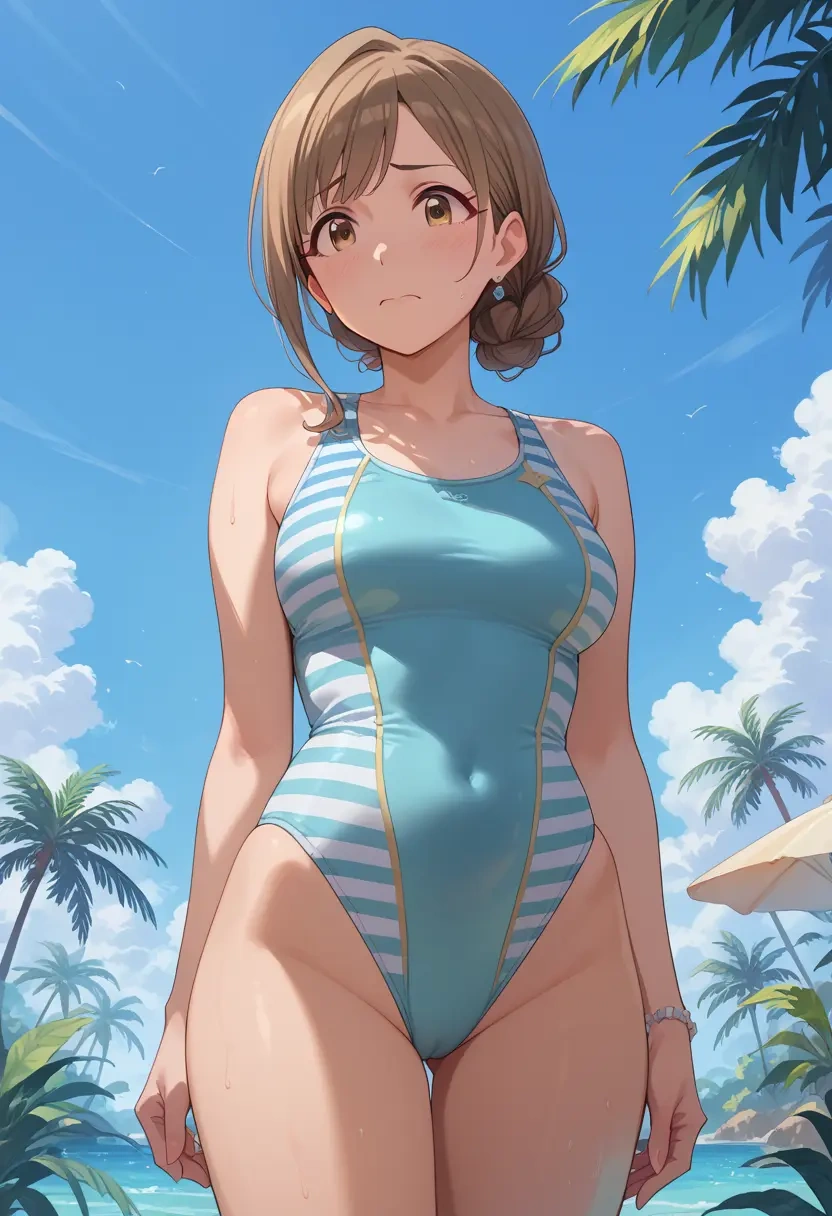 idolmaster,mimura_kanako,racerback swimsuit,striped trim,name tag patch  - 