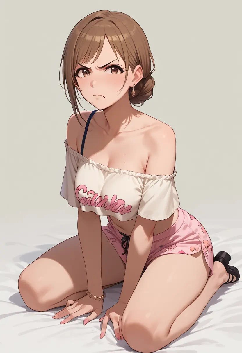 idolmaster,mimura_kanako,off-shoulder top,dolphin shorts  - 