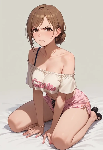 idolmaster,mimura_kanako,off-shoulder top,dolphin shorts  - AI generated anime art