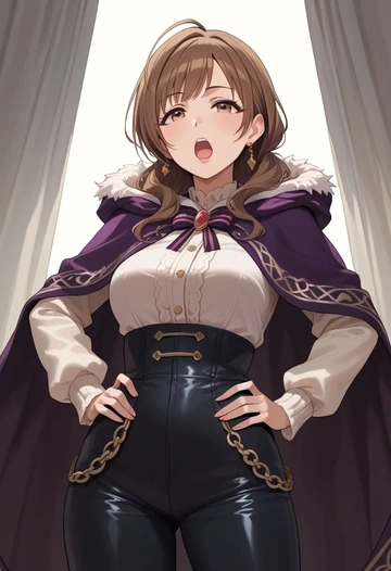 idolmaster,mimura_kanako,cape,hooded,leather pants  - AI generated anime art