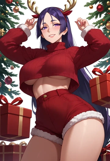 fate_(series),minamoto_no_raikou_(fate),Christmas,red velvet shorts,turtleneck sweater  - AI generated anime art