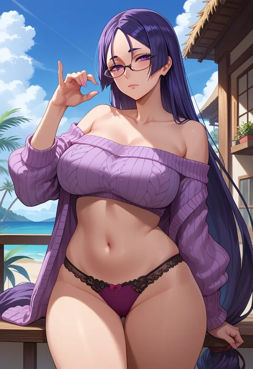 fate_(series),minamoto_no_raikou_(swimsuit_lancer)_(fate),sweater,panties,off-shoulder,glasses,sexy  - 