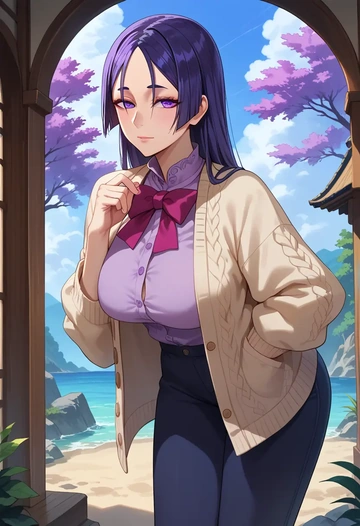 fate_(series),minamoto_no_raikou_(swimsuit_lancer)_(fate),cardigan,oversized,wide-leg pants  - AI generated anime art