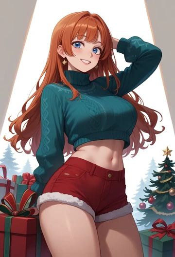 zombie_land_saga,minamoto_sakura,Christmas,red velvet shorts,turtleneck sweater  - AI generated anime art