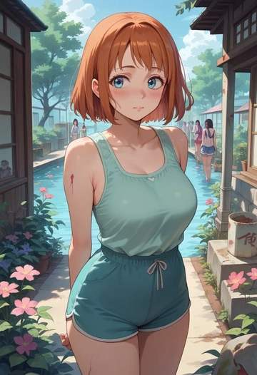 zombie_land_saga,minamoto_sakura,sleeveless swim top,shorts-style bottom,contrast stitching  - AI generated anime art