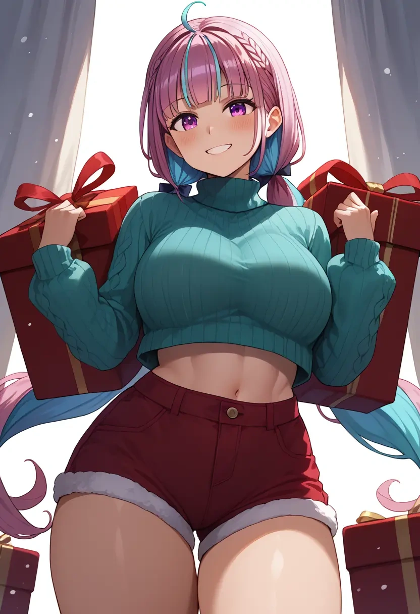 hololive,minato_aqua_(1st_costume),Christmas,red velvet shorts,turtleneck sweater  - 