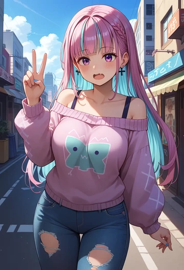 hololive,minato_aqua_(1st_costume),sweater,off-shoulder,ripped jeans  - AI generated anime art