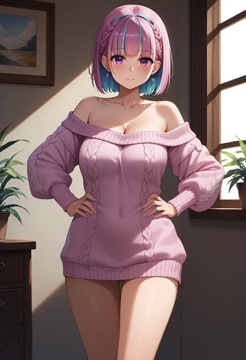 hololive,minato_aqua_(5th_costume),Hands on hips,off-shoulder,sweater  - AI generated anime art