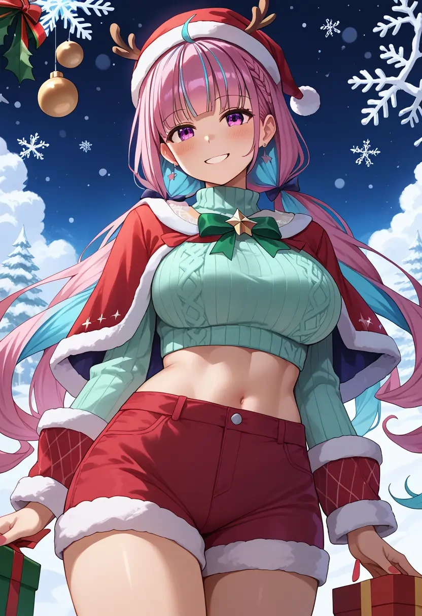 hololive,minato_aqua_(5th_costume),Christmas,red velvet shorts,turtleneck sweater  - 