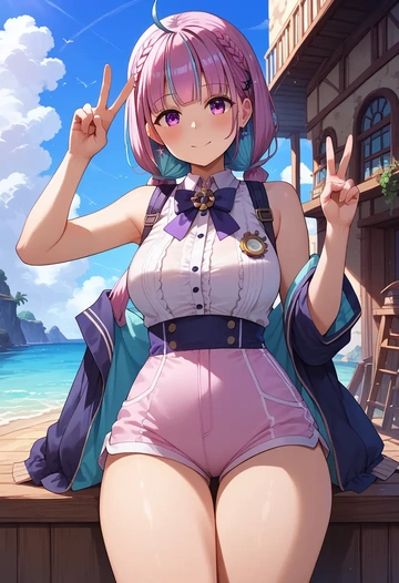 hololive,minato_aqua_(5th_costume),sleeveless swim top,shorts-style bottom,contrast stitching  - AI generated anime art