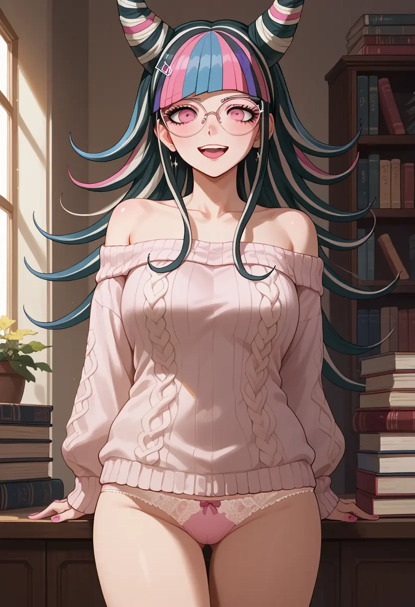 danganronpa_(series),mioda_ibuki,sweater,panties,off-shoulder,glasses,sexy  - 