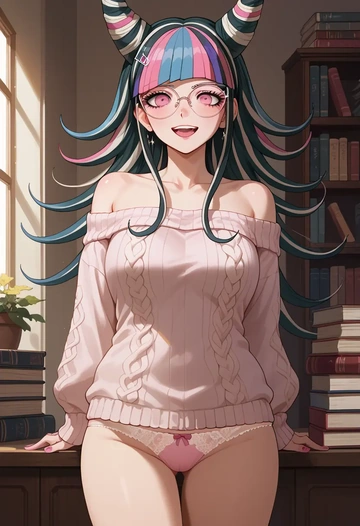 danganronpa_(series),mioda_ibuki,sweater,panties,off-shoulder,glasses,sexy  - AI generated anime art