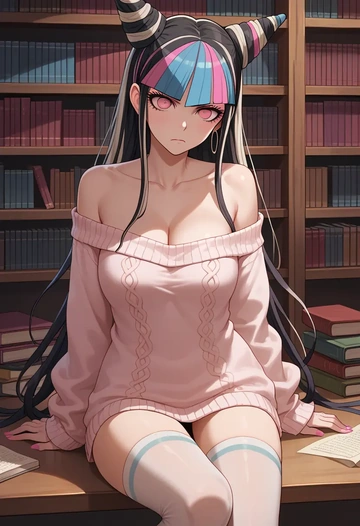 danganronpa_(series),mioda_ibuki,Pouting,off-shoulder,sweater,stockings  - AI generated anime art